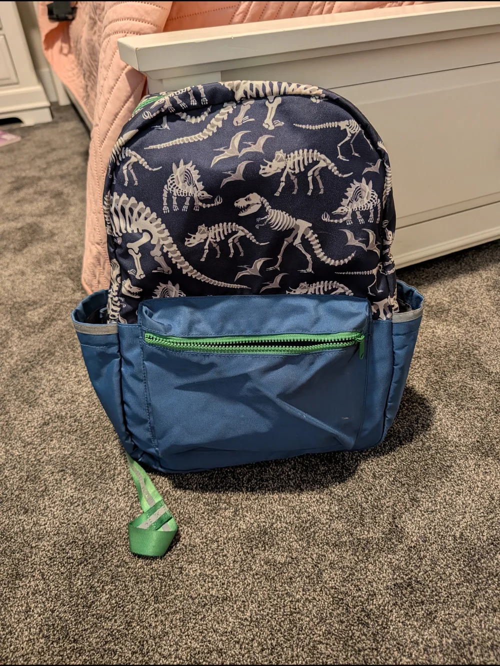 Pottery Barn Kids Navy Dinosaur Print Backpack with Blue Pocket and Green Zipper